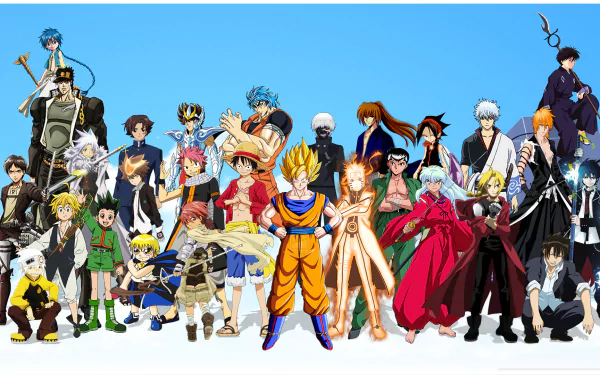 HD desktop wallpaper featuring a vibrant anime crossover, showcasing various iconic characters from different anime series standing together against a clear blue sky backdrop.