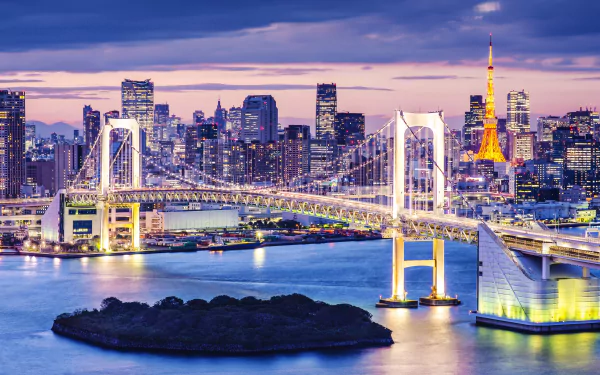 Night view of Tokyo city skyline featuring illuminated skyscrapers and the Rainbow Bridge, captured in stunning 4K Ultra HD as a vibrant man-made cityscape.