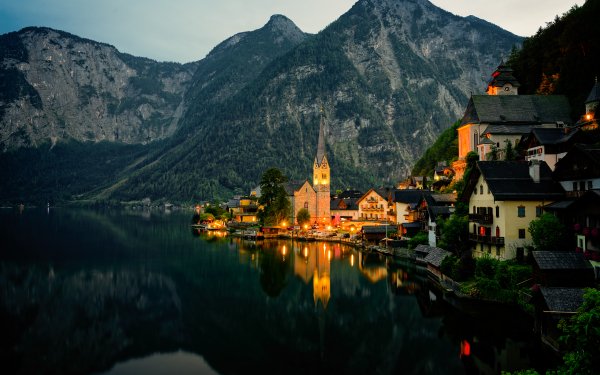 Man Made Hallstatt Towns Austria Mountain Village Lake Reflection House HD Wallpaper | Background Image