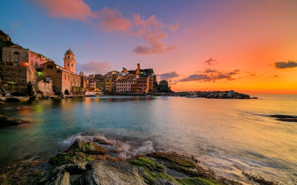 Man Made Vernazza Towns Italy Town City Cinque Terre Liguria House Ocean Sunset HD Wallpaper | Background Image