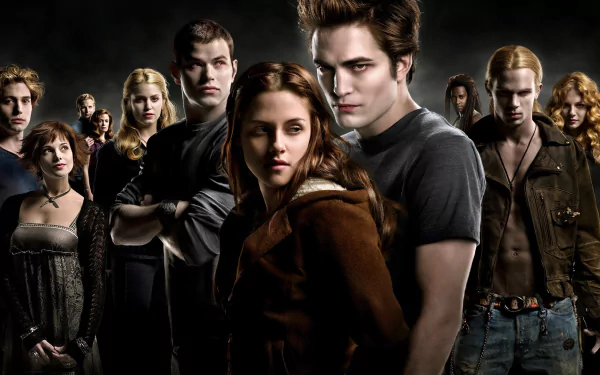 HD desktop wallpaper featuring Robert Pattinson as Edward Cullen and Kristen Stewart as Bella Swan, along with other characters from the movie Twilight.