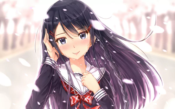 Anime-style girl in a school uniform stands amid blooming cherry blossoms, capturing the serene essence of spring in this HD PC desktop wallpaper.