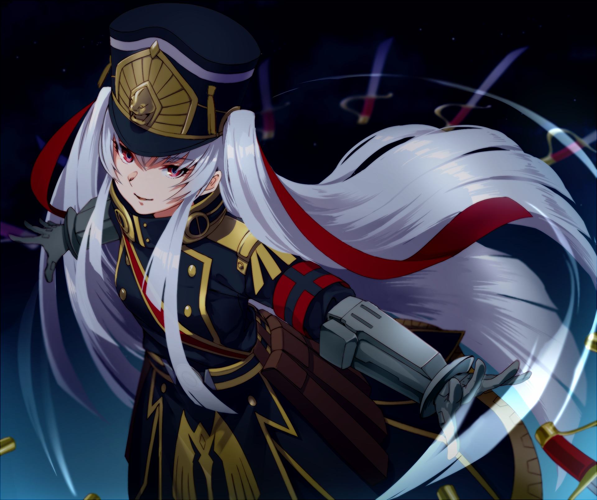 A detailed HD wallpaper featuring Gunpuku no Himegimi from Re:Creators, showcasing a character in a striking military outfit with long, flowing hair and an intense expression.