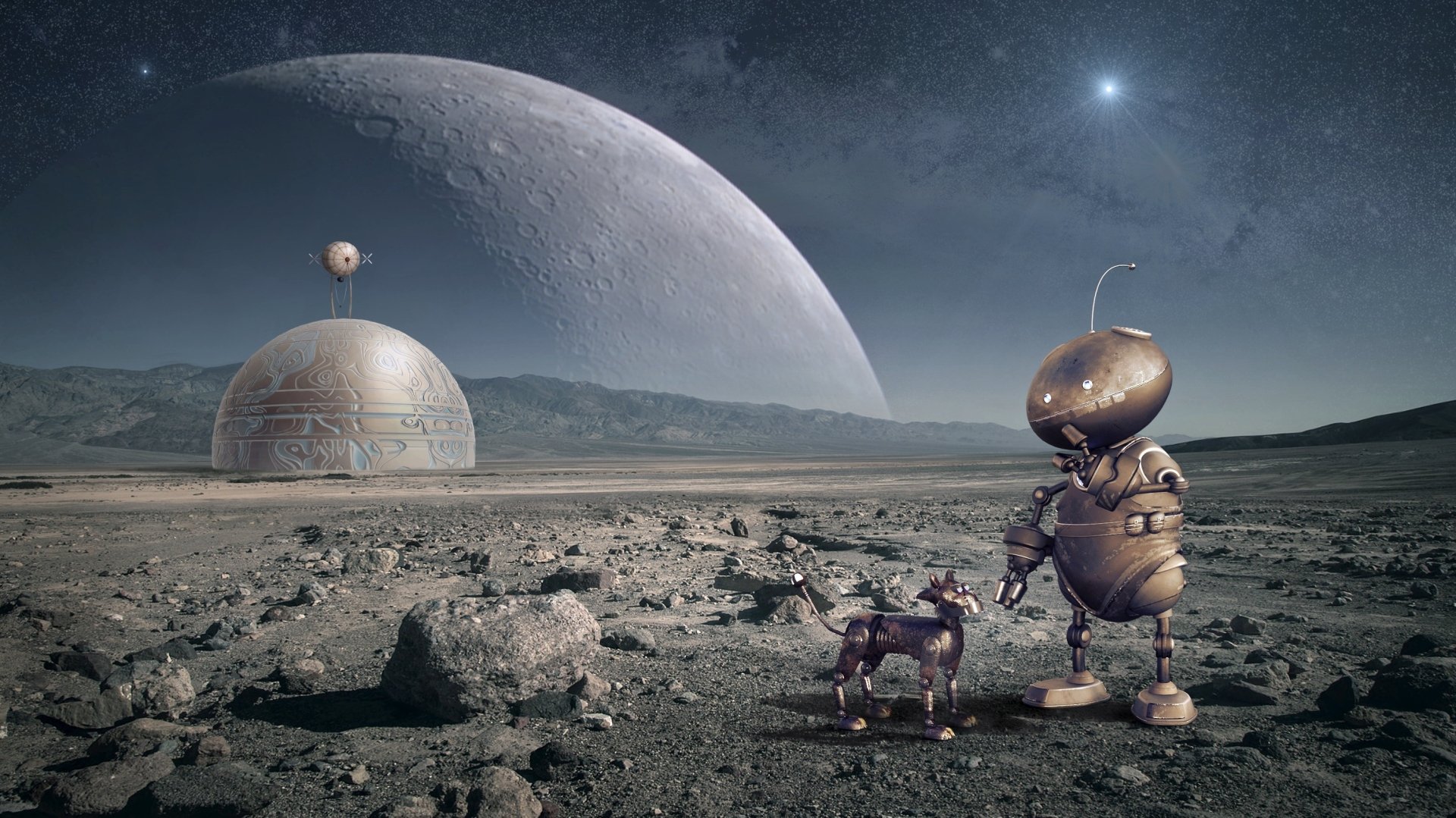 HD desktop wallpaper showing a sci-fi scene with a robot and its mechanized dog on a rocky planet surface, featuring a large moon and a futuristic dome structure in the background.