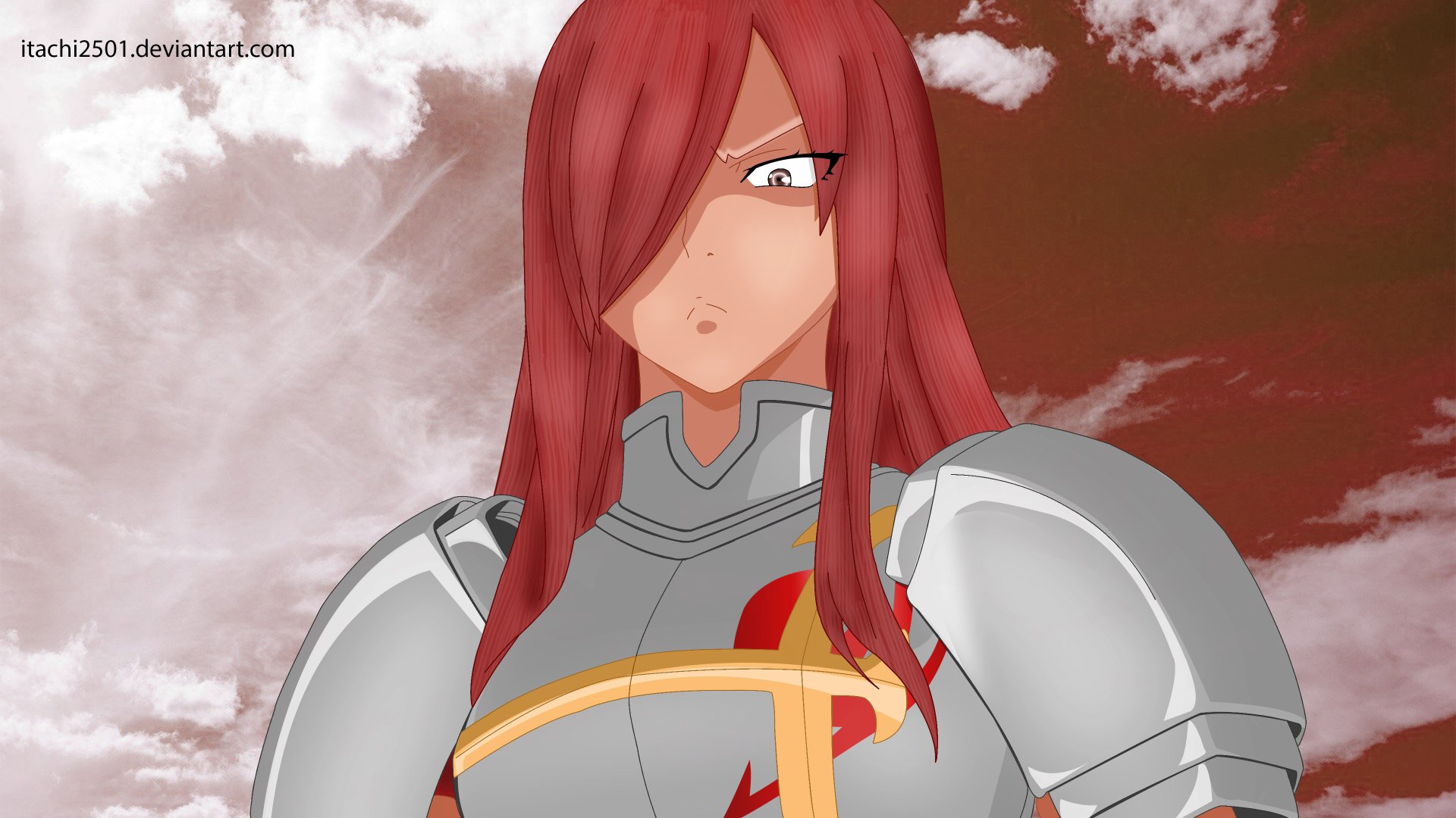 Erza Scarlet from Fairy Tail in armor, red hair blowing, dramatic sky backdrop — 4K Ultra HD anime PC desktop wallpaper/background.