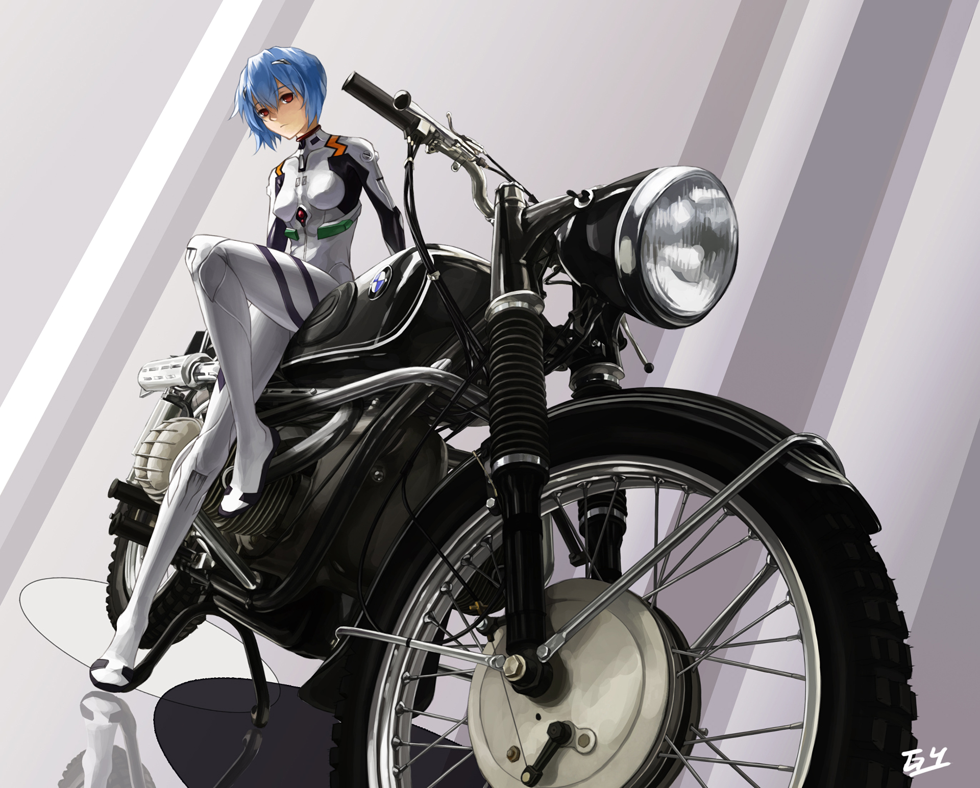 HD PC desktop wallpaper featuring Rei Ayanami from Neon Genesis Evangelion sitting on a detailed black motorcycle against a minimalist background.