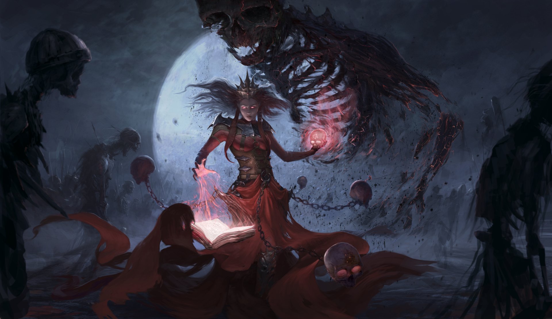 A dark, magical scene with an undead witch casting spells from a glowing book under a full moon. A large skeleton looms above, adding to the eerie atmosphere. HD desktop wallpaper.