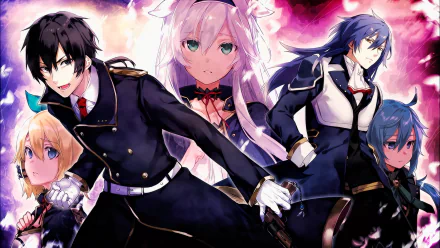 HD desktop wallpaper featuring characters Riel Rayford, Sistine Fibel, Rumia Tingel, and Glenn Radars from the anime Rokudenashi Majutsu Koushi to Akashic Records.