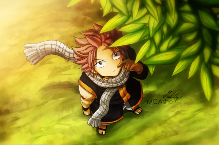HD desktop wallpaper of Natsu Dragneel from Fairy Tail. The anime character is depicted in a chibi style, standing in a nature setting with sunlight and greenery.