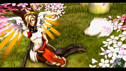 4K Ultra HD PC desktop wallpaper featuring Mercy from the video game Overwatch, sitting gracefully on grass surrounded by pink cherry blossoms.