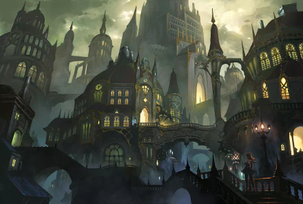 Anime-inspired cityscape with towering, intricate buildings and a mysterious, ethereal ambiance. This HD original artwork serves as a captivating desktop wallpaper and background.