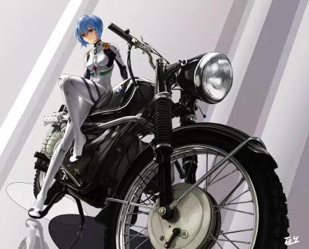 HD PC desktop wallpaper featuring Rei Ayanami from Neon Genesis Evangelion sitting on a detailed black motorcycle against a minimalist background.