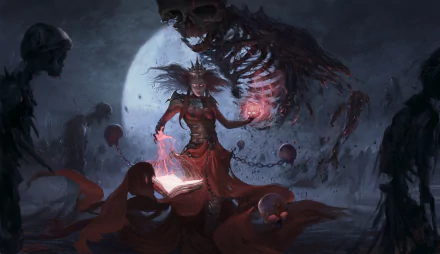 A dark, magical scene with an undead witch casting spells from a glowing book under a full moon. A large skeleton looms above, adding to the eerie atmosphere. HD desktop wallpaper.