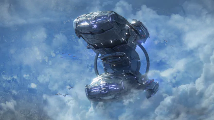 A high-definition desktop wallpaper and background from the video game Mass Effect: Andromeda, featuring a futuristic spaceship flying through a cloud-filled sky.
