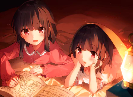 HD desktop wallpaper featuring Komekko and Megumin from KonoSuba: God's Blessing on This Wonderful World!! lying together, illuminated by soft light, with an open book in front of them.