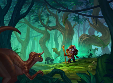 A 4K Ultra HD PC wallpaper featuring a dinosaur and a fantasy character from the video game Hearthstone: Heroes of Warcraft in a mysterious forest setting.