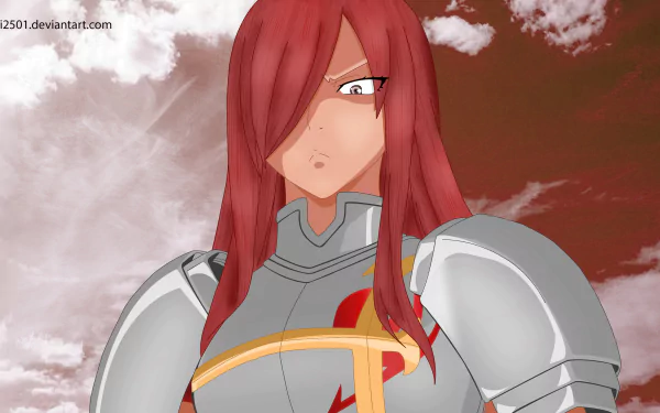 Erza Scarlet from Fairy Tail in armor, red hair blowing, dramatic sky backdrop — 4K Ultra HD anime PC desktop wallpaper/background.