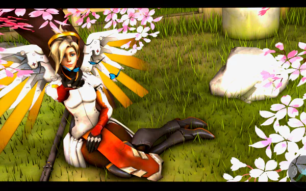 4K Ultra HD PC desktop wallpaper featuring Mercy from the video game Overwatch, sitting gracefully on grass surrounded by pink cherry blossoms.