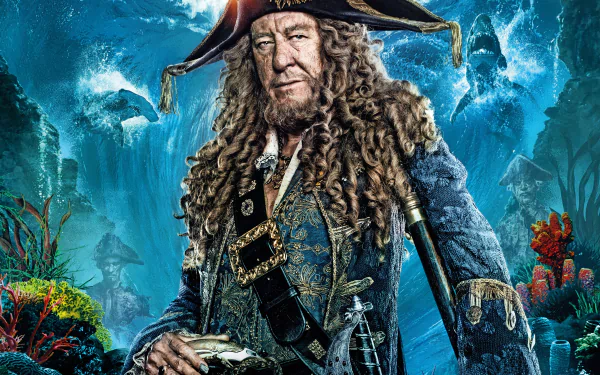 Geoffrey Rush as Hector Barbossa from Pirates of the Caribbean: Dead Men Tell No Tales, set against a vibrant underwater backdrop in this 4K Ultra HD desktop wallpaper.