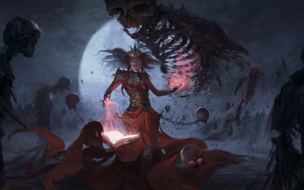 A dark, magical scene with an undead witch casting spells from a glowing book under a full moon. A large skeleton looms above, adding to the eerie atmosphere. HD desktop wallpaper.