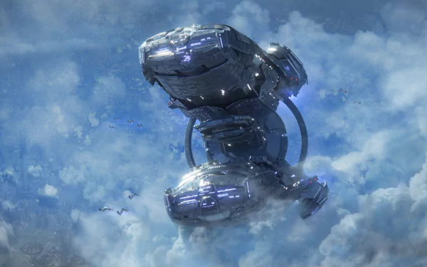 A high-definition desktop wallpaper and background from the video game Mass Effect: Andromeda, featuring a futuristic spaceship flying through a cloud-filled sky.