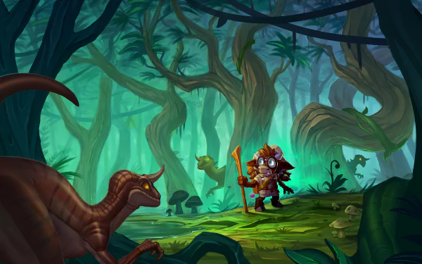 A 4K Ultra HD PC wallpaper featuring a dinosaur and a fantasy character from the video game Hearthstone: Heroes of Warcraft in a mysterious forest setting.