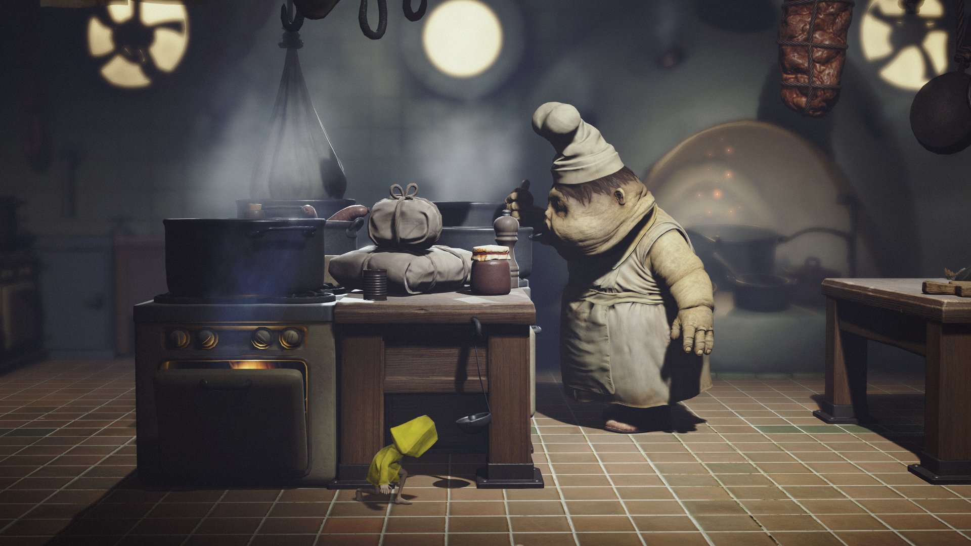 HD desktop wallpaper from Little Nightmares featuring a scene with a small character hiding under a table from a larger chef-like figure in a creepy kitchen.