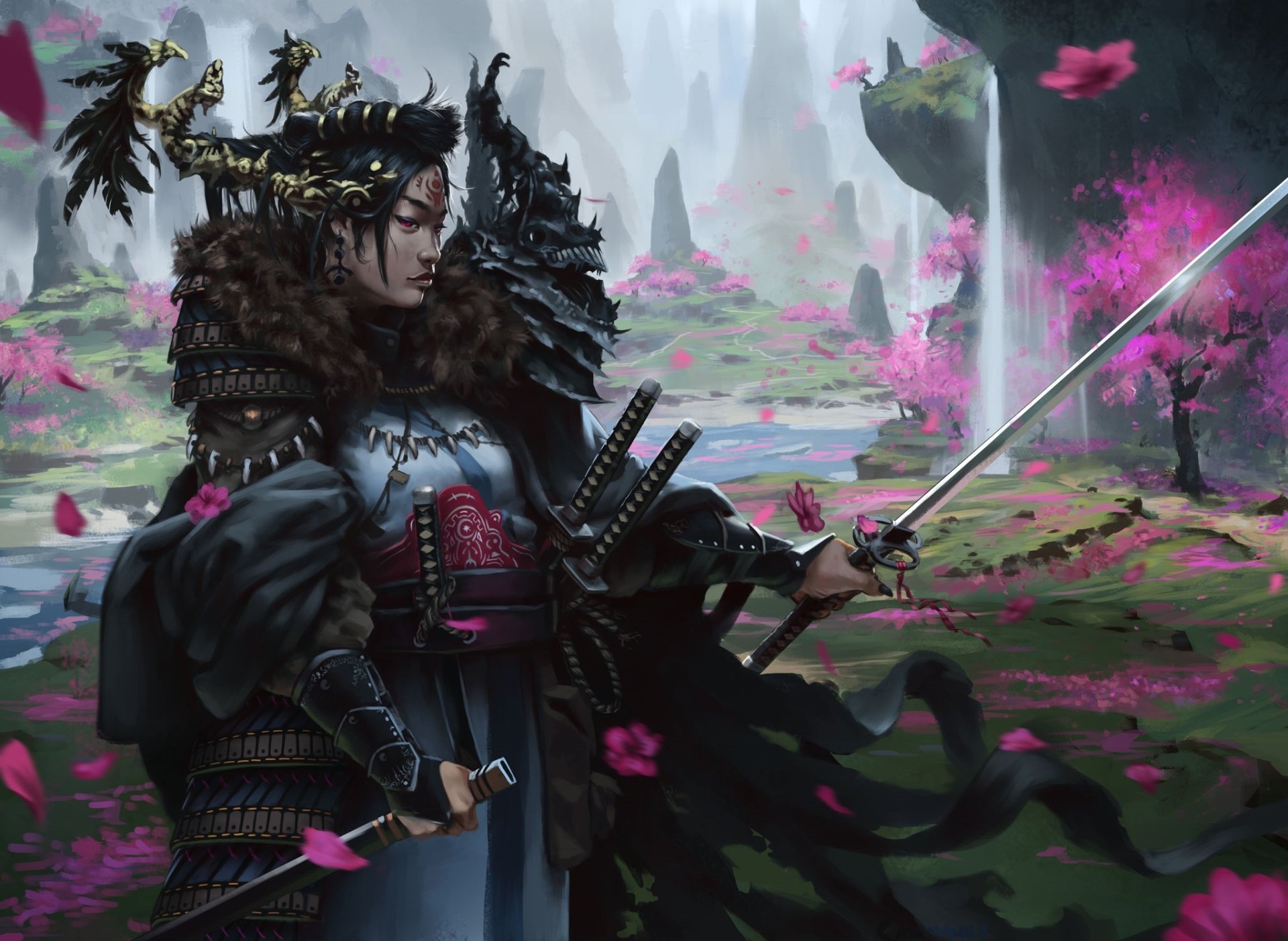 Download Pink Eyes Black Hair Cherry Blossom Waterfall Landscape Katana Sword Woman Warrior 