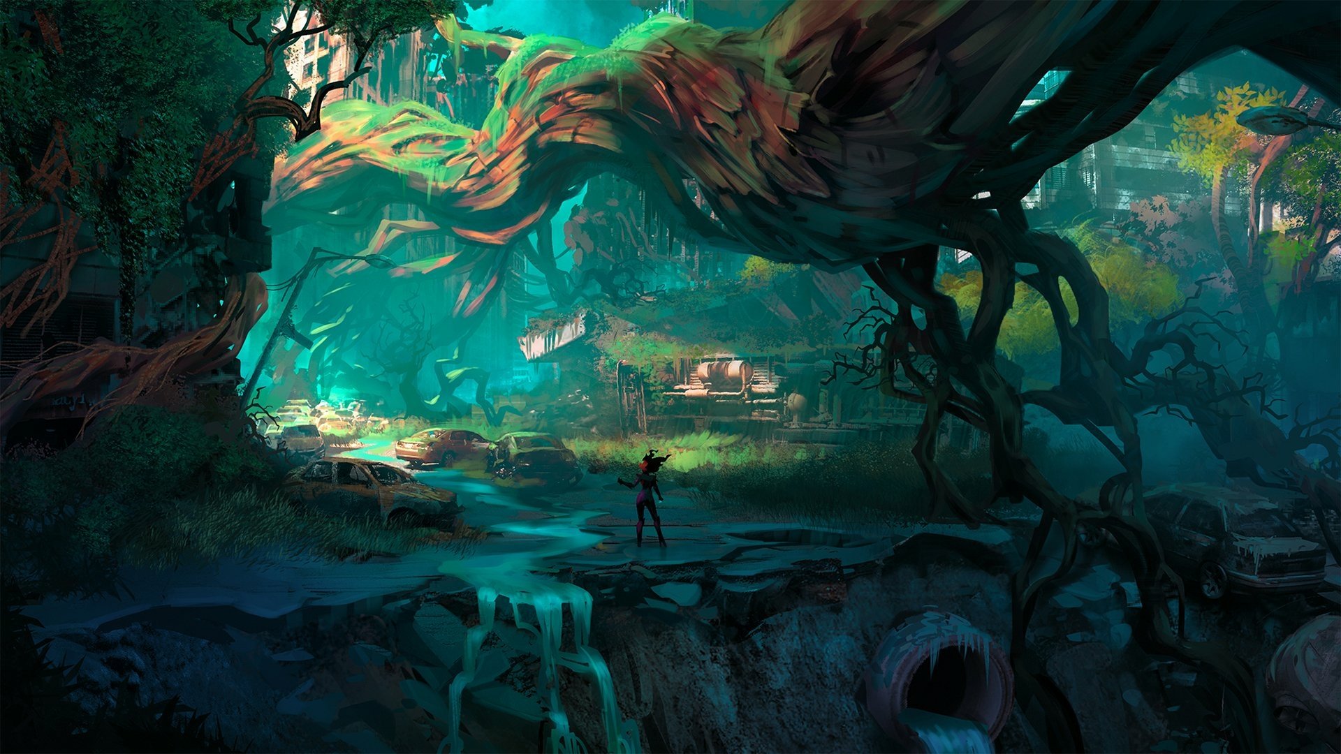 HD PC desktop wallpaper featuring a vibrant, mystical forest scene from the video game Darksiders III, highlighting a lone character under massive twisted tree branches.
