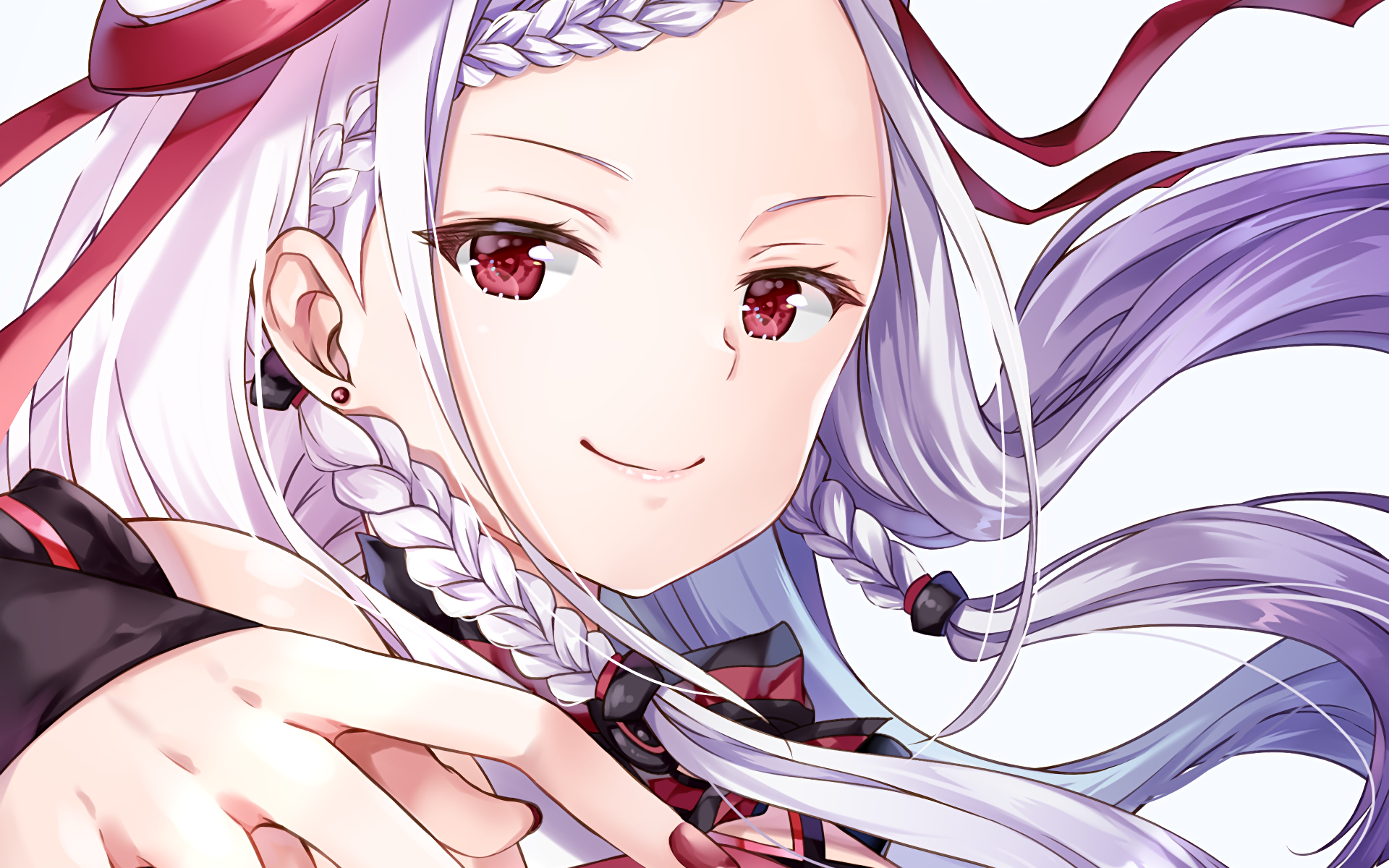 Close-up HD PC desktop wallpaper anime of Yuna (Sword Art Online) from the movie Ordinal Scale, smiling with braided silver-lavender hair, red eyes and flowing ribbons.