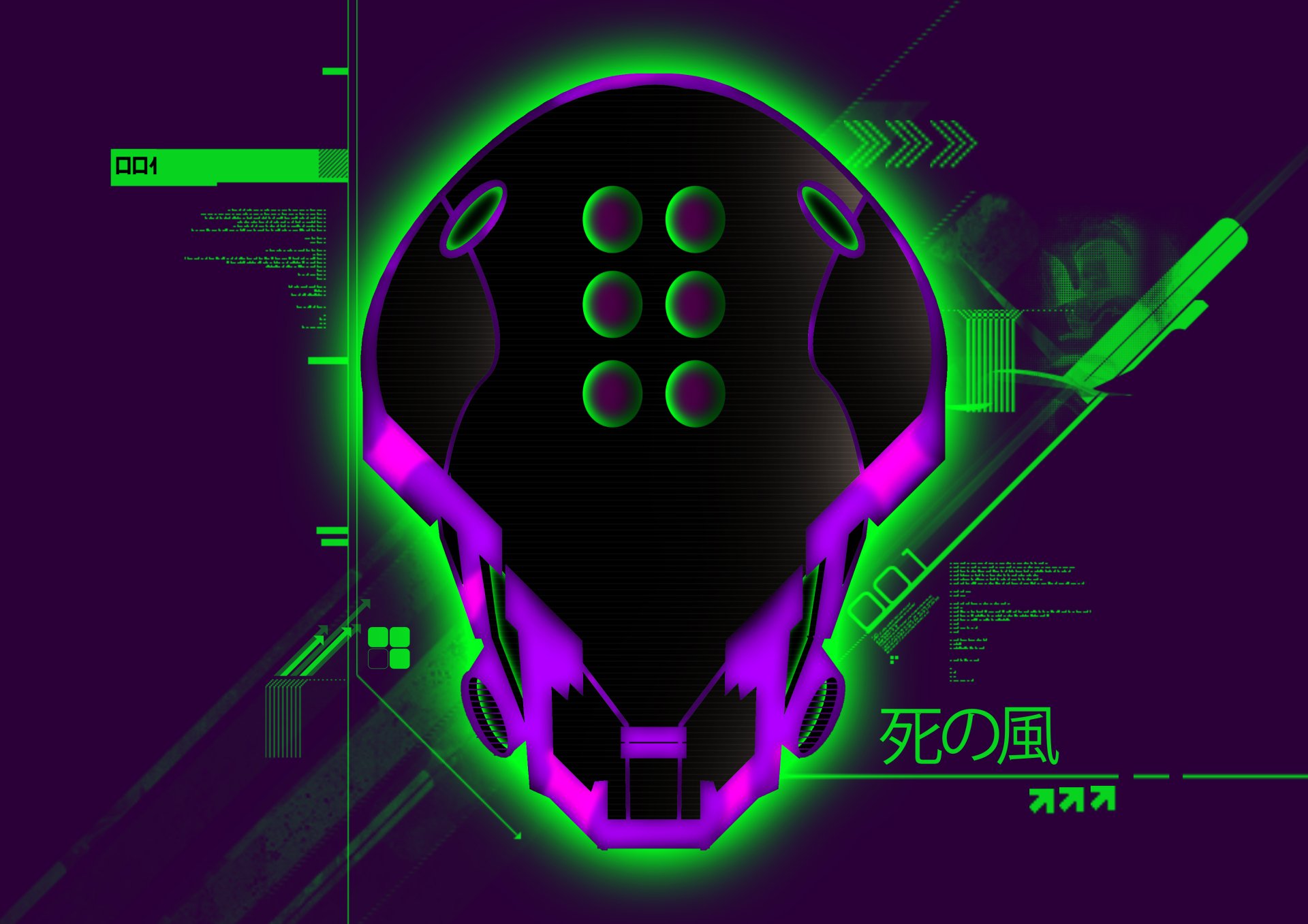 Neon Genesis Evangelion anime 2K Quad HD PC desktop wallpaper: neon green and purple stylized EVA helmet/robot face with HUD elements and Japanese kanji '死の風' on dark background.