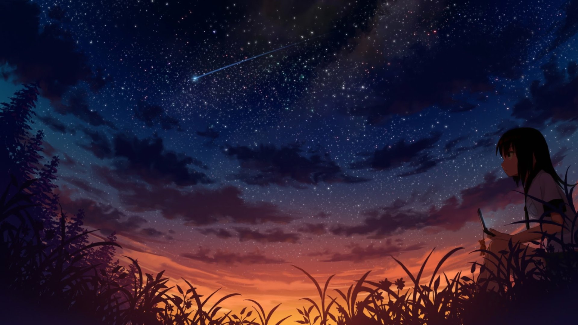An HD desktop wallpaper depicting an anime girl in the foreground, gazing at a beautiful night sky with a shooting star, against the backdrop of a colorful sunset.