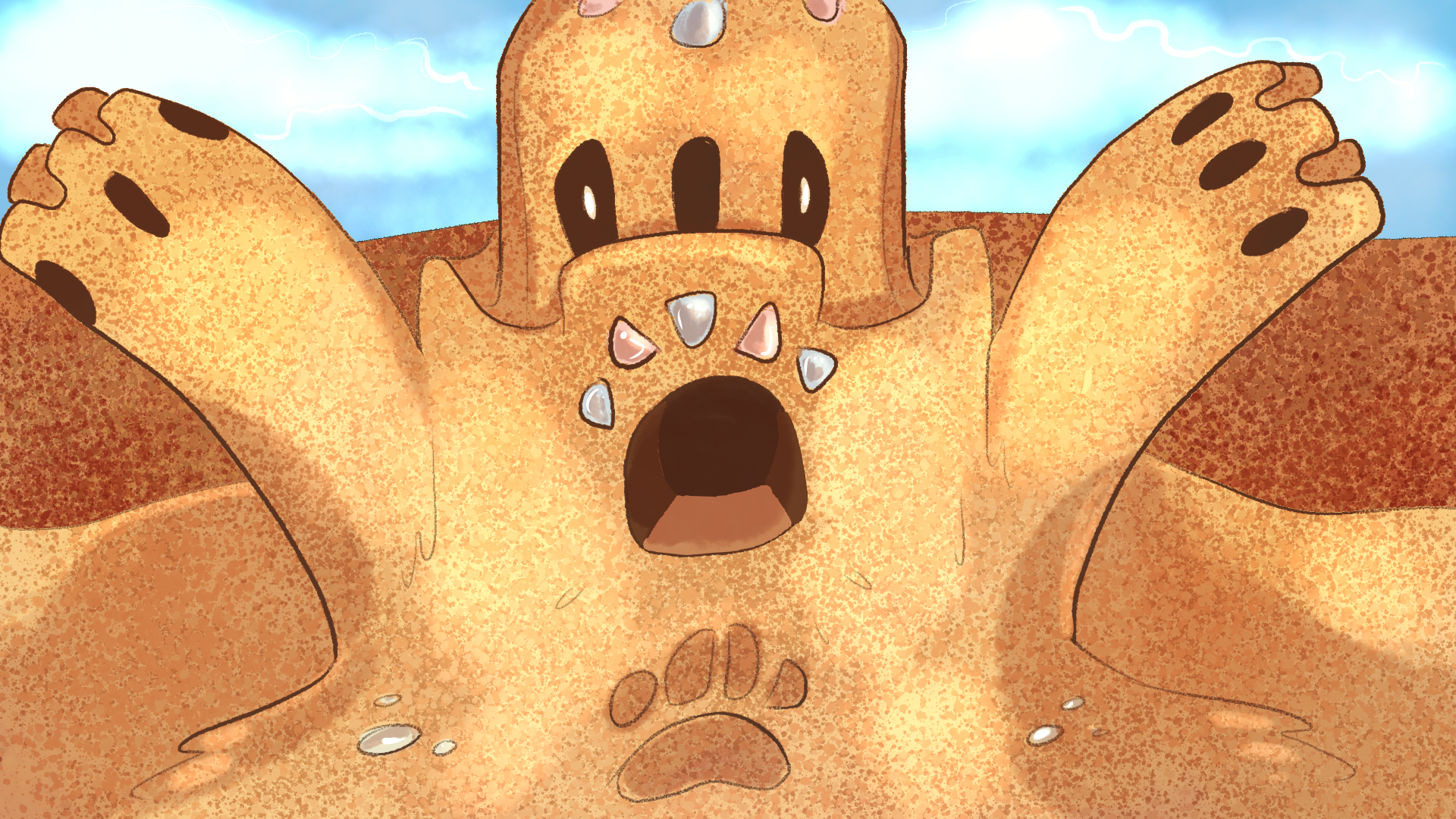 HD wallpaper featuring Palossand from Pokémon: Sun and Moon, depicted as a large sand castle creature with open arms.