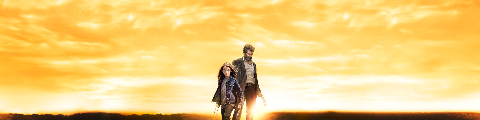 HD desktop wallpaper featuring Dafne Keen and Hugh Jackman as X-23 and Wolverine from the movie Logan, walking against a golden sunset backdrop.