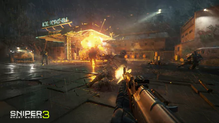 HD desktop wallpaper from Sniper: Ghost Warrior 3 showing an intense night-time combat scene with an explosion and armed characters.