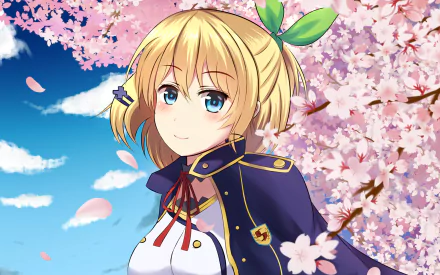 HD PC desktop wallpaper featuring Rumia Tingel from Rokudenashi Majutsu Koushi to Akashic Records, set against a vibrant backdrop of cherry blossoms and a bright blue sky.