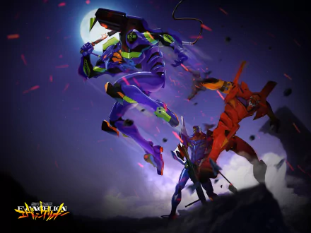 HD anime desktop wallpaper featuring Evangelion Units-01, 00, and 02 from Neon Genesis Evangelion in dynamic action poses against a moody background.