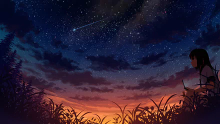 An HD desktop wallpaper depicting an anime girl in the foreground, gazing at a beautiful night sky with a shooting star, against the backdrop of a colorful sunset.