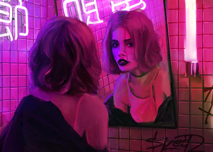 A high-definition desktop wallpaper featuring a vibrant blend of chillwave and vaporwave aesthetics with neon pink accents. It depicts a woman with a piercing and lipstick, reflecting in a mirror under artistic, retro wave lighting.
