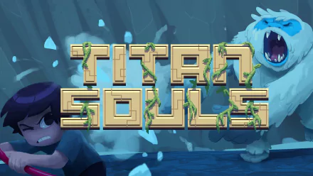 HD wallpaper featuring Titan Souls game title with a character facing a giant blue monster, fit for a desktop background.