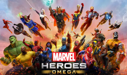 HD wallpaper featuring Marvel Heroes Omega characters like Thor, Iron Man, Spider-Gwen, Doctor Strange, Hulk, Deadpool, and others.