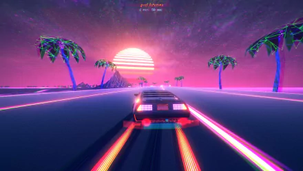 A vibrant neon scene featuring a retro car racing towards a stylized sunset, surrounded by palm trees, embodying the essence of vaporwave and retrowave aesthetics. HD wallpaper for desktops.
