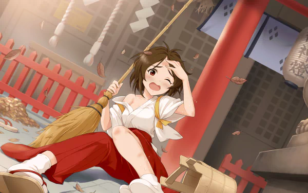 HD PC desktop wallpaper featuring Karin Domyoji from the anime THE iDOLM@STER: Cinderella Girls Starlight Stage, depicted in a traditional setting with a broom.