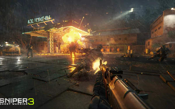 HD desktop wallpaper from Sniper: Ghost Warrior 3 showing an intense night-time combat scene with an explosion and armed characters.