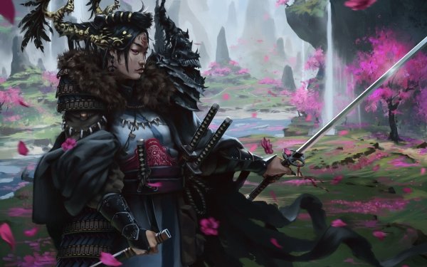 Fantasy Samurai Woman Warrior Sword Katana Landscape Waterfall Cherry Blossom Black Hair Pink Eyes HD Wallpaper | Background Image