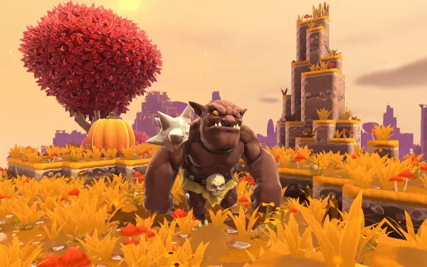 HD wallpaper of Portal Knights featuring a character in an autumnal landscape with a red tree and castle in the background.