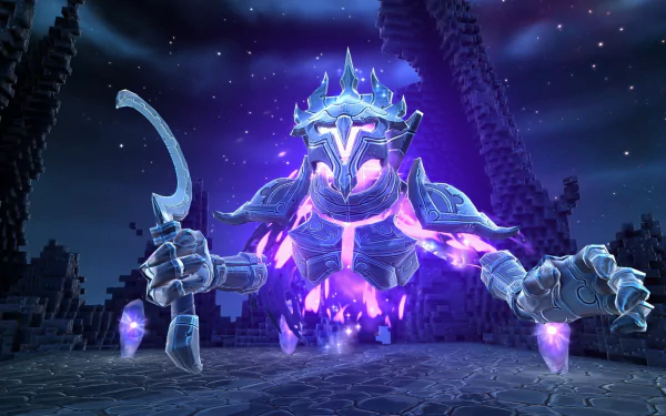 HD desktop wallpaper of a Portal Knights character glowing with purple energy against a starry sky background.