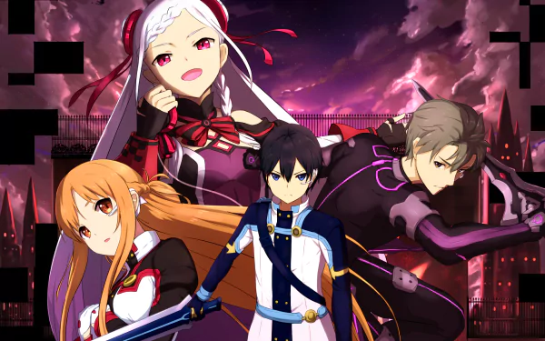 HD desktop wallpaper featuring Eiji, Kirito, Asuna Yuuki, and Yuna from Sword Art Online Movie: Ordinal Scale, with a dramatic purple and black sky in the background.