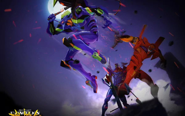 HD anime desktop wallpaper featuring Evangelion Units-01, 00, and 02 from Neon Genesis Evangelion in dynamic action poses against a moody background.