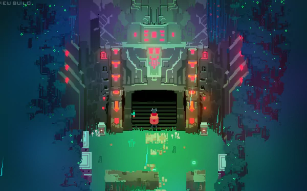HD desktop wallpaper of Hyper Light Drifter game, featuring a character before a mystical, pixel-art-style doorway.